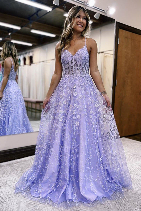 Luolandi A Line Spaghetti Straps Lilac Corset Prom Dress with Appliques Beautiful